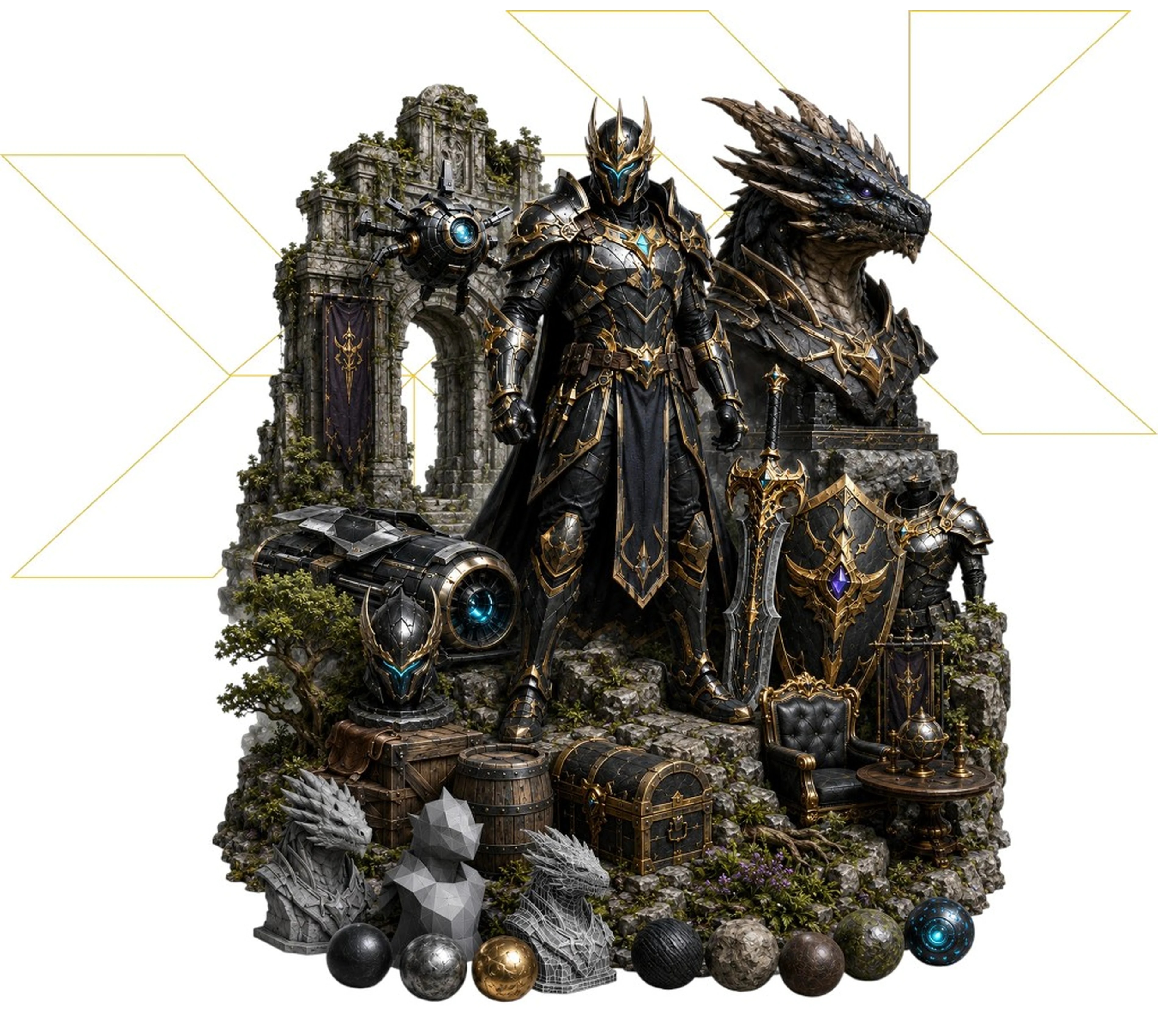 Fantasy 3D assets, armor, weapons and material spheres for MPAV 3D Asset Creation course overview