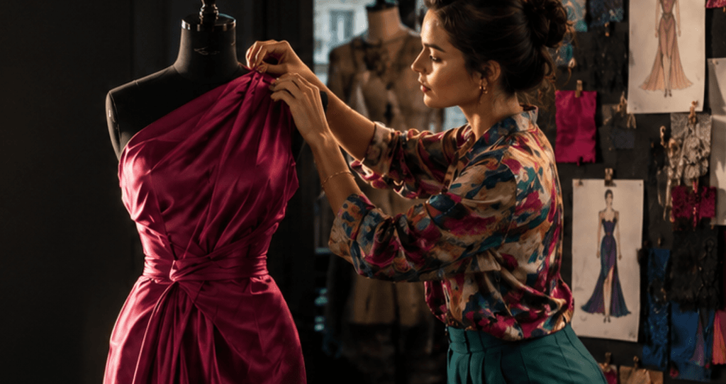 Fashion designer draping a magenta gown for Master Program In Fashion Design