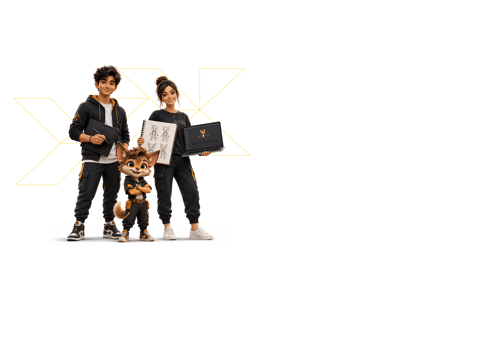 Animation students with tablet and fox character for Diploma in Animation overview