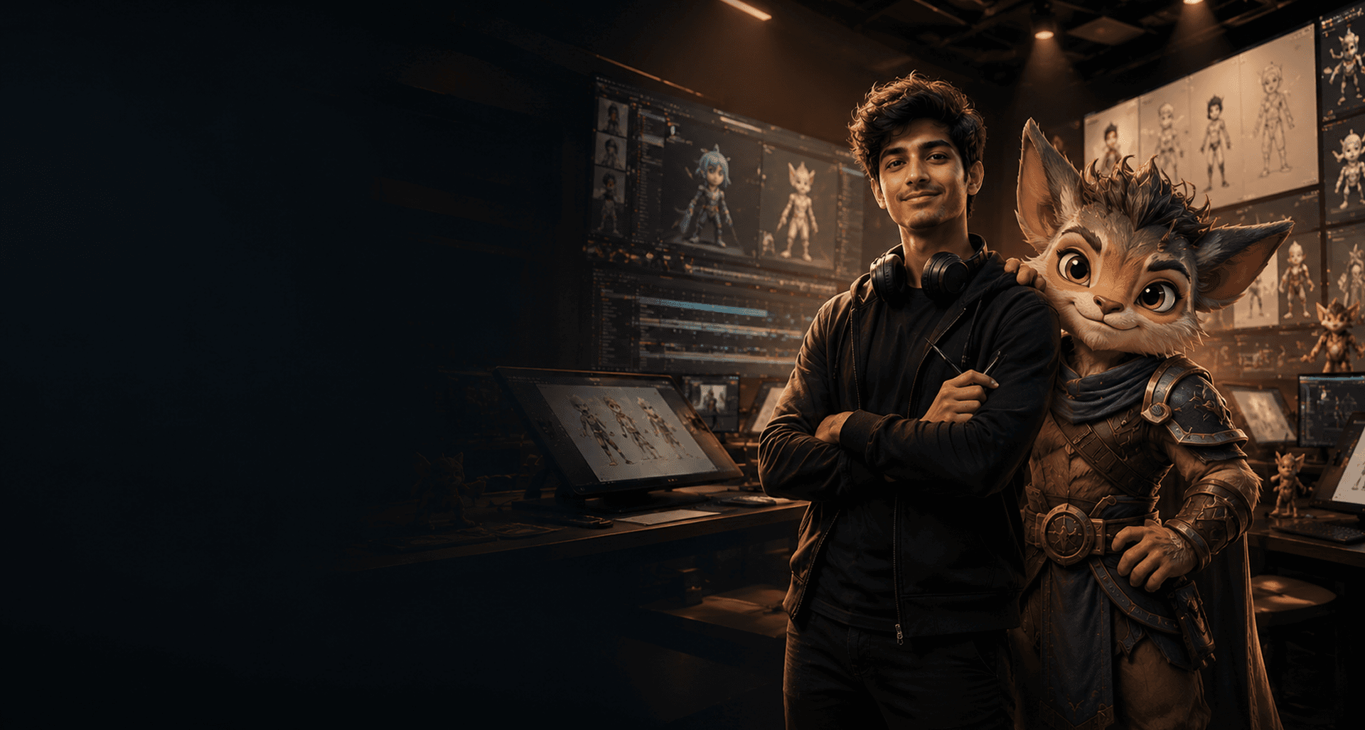 Animation student with armored fox character in a studio for Diploma in Animation