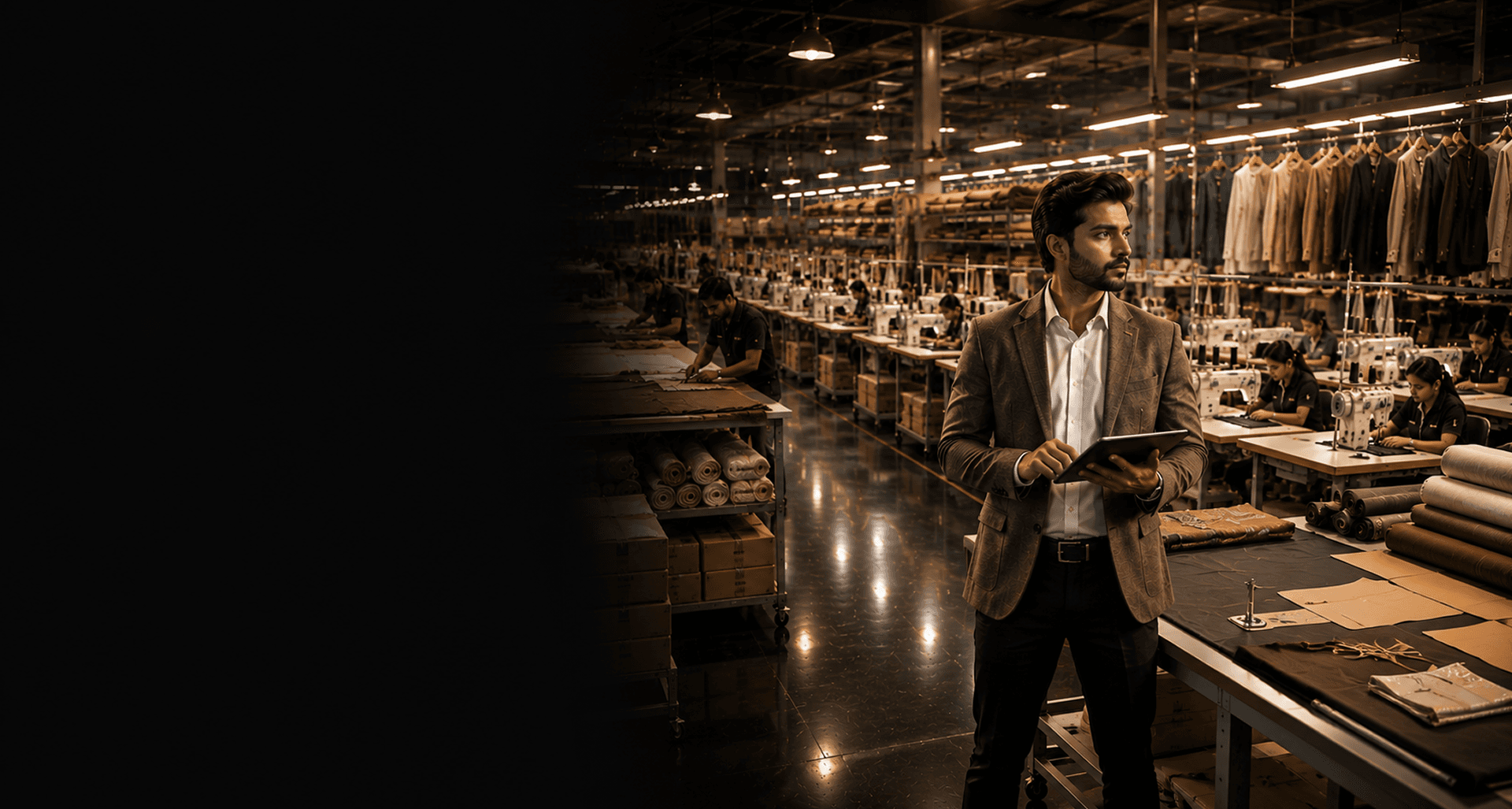 Apparel production supervisor with tablet on a garment manufacturing floor