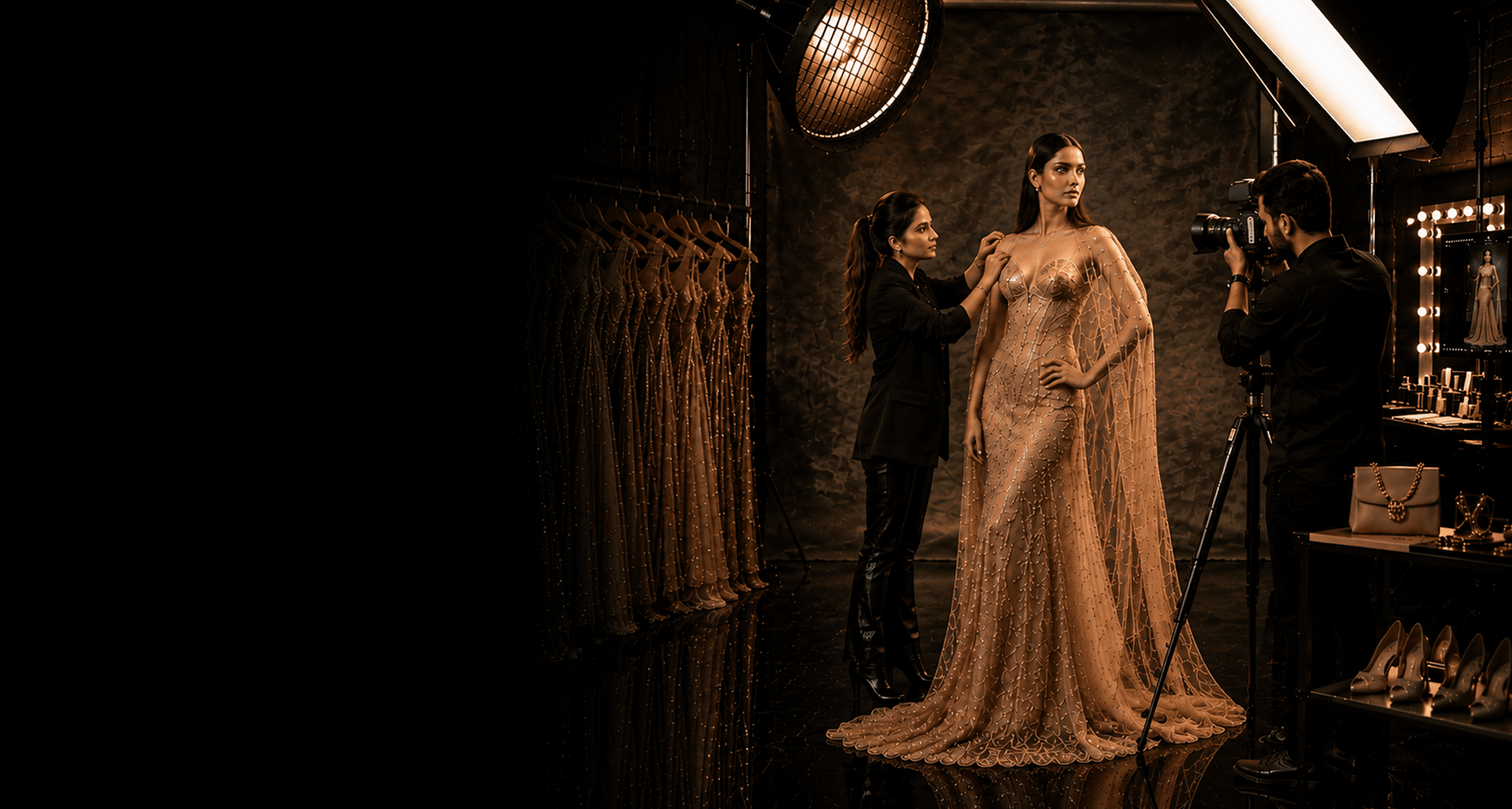 Fashion stylist and photographer preparing a styled look on a professional studio set