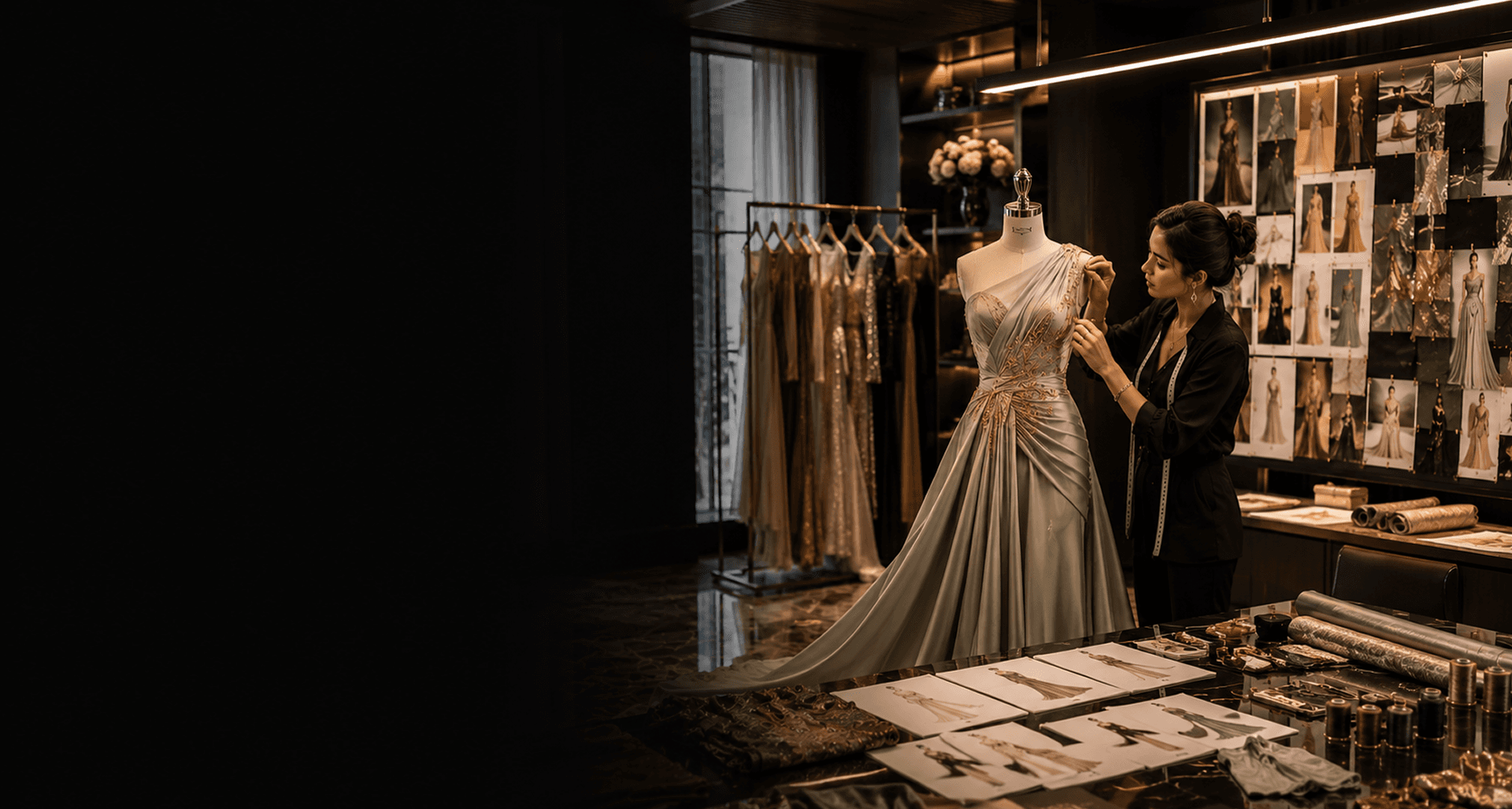 Fashion designer styling a gown in a creative fashion communication studio