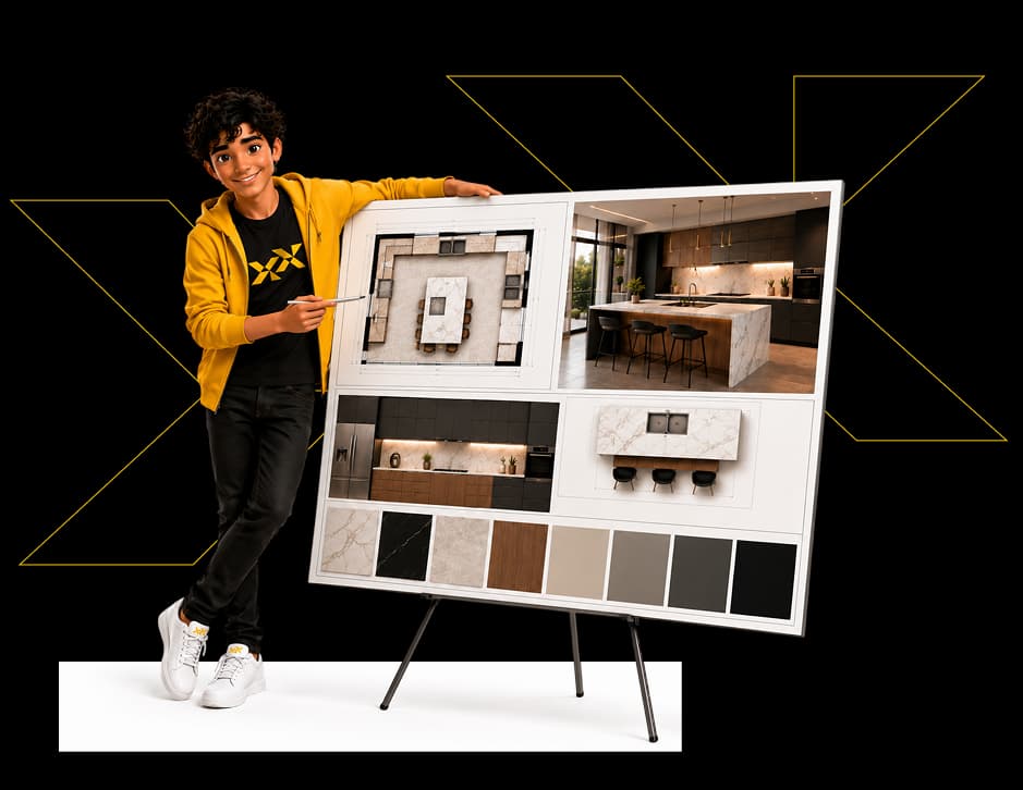 Student presenting kitchen design board for EPKD course overview