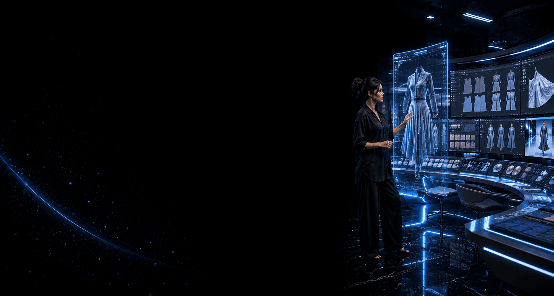 Digital fashion designer working with a 3D garment simulation display