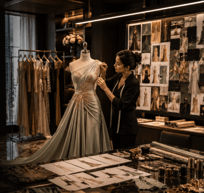 Fashion designer adjusting a gown for Expert Program in Fashion Communication