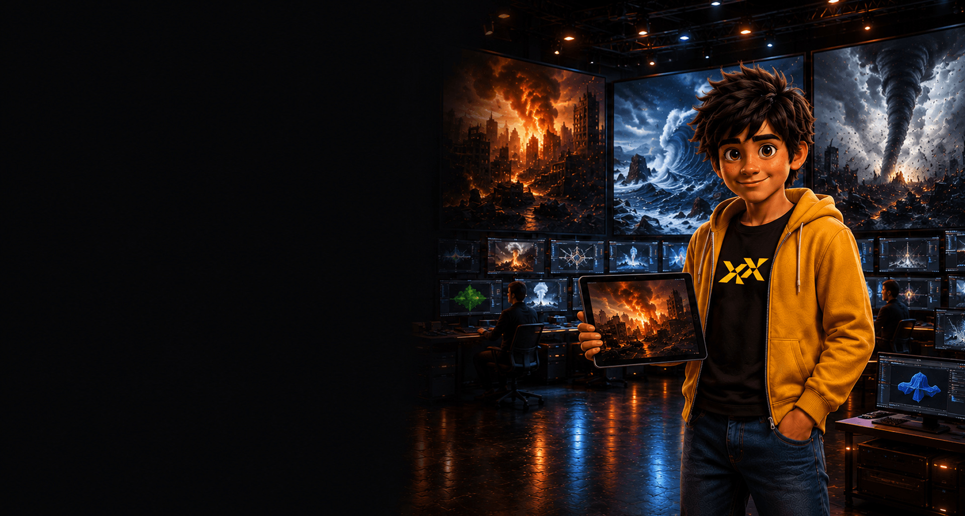 Student with tablet showing fire FX in a studio of FX and dynamics simulations