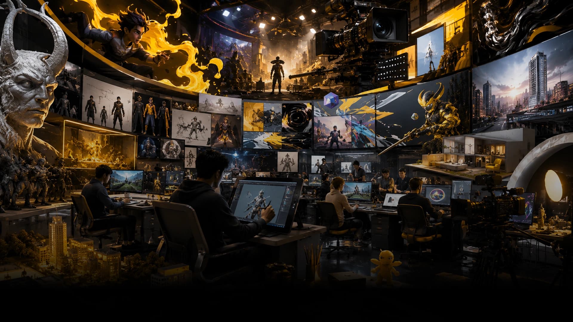 Panoramic collage of Frameboxx campus life and student creative work