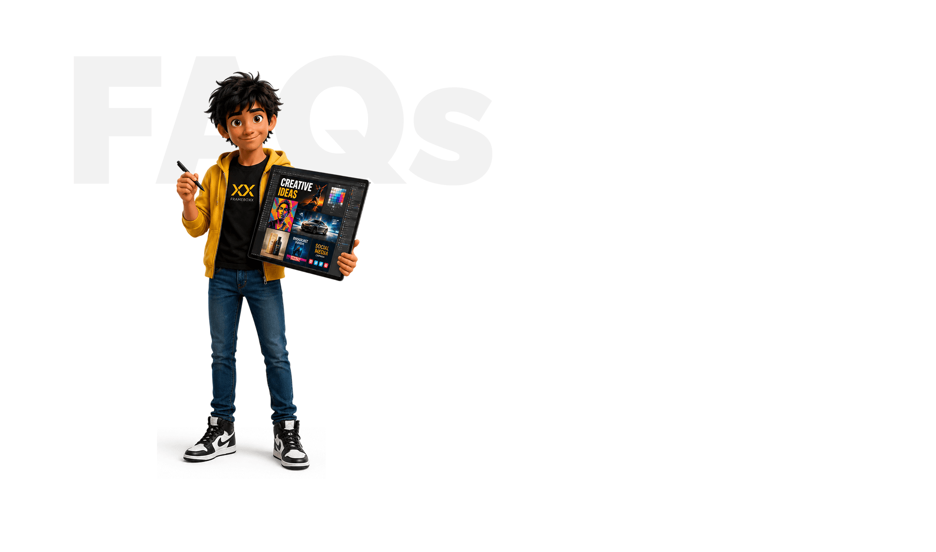 Student beside FAQs for Expert Program in Graphic, Broadcast and Social Media Design