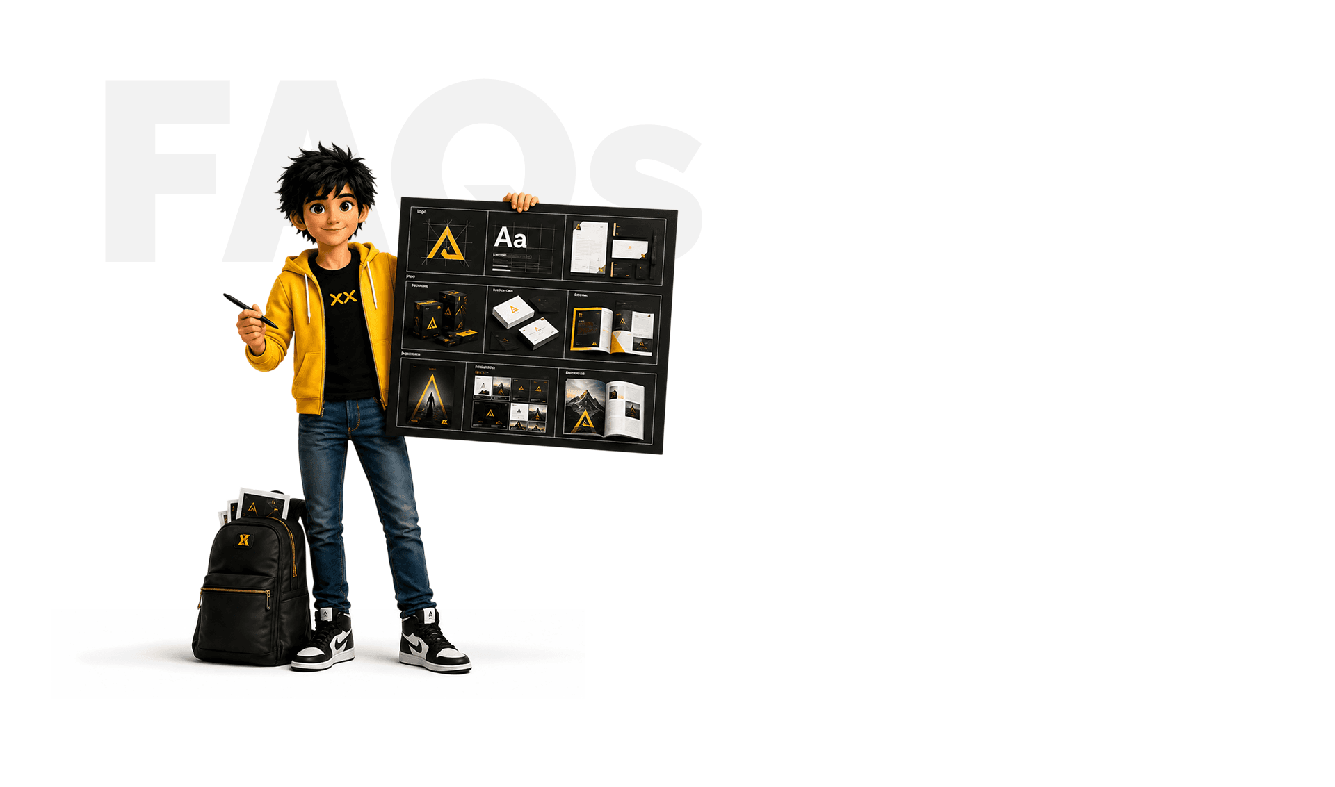Student beside FAQs for Expert Program in Graphic Designing