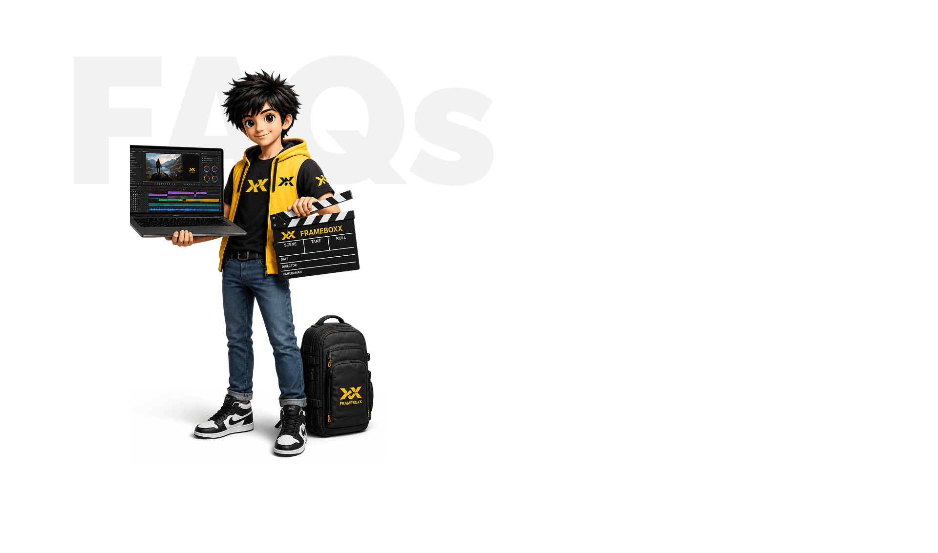 Student beside FAQs for Expert Program in Graphic Designing & Video Editing
