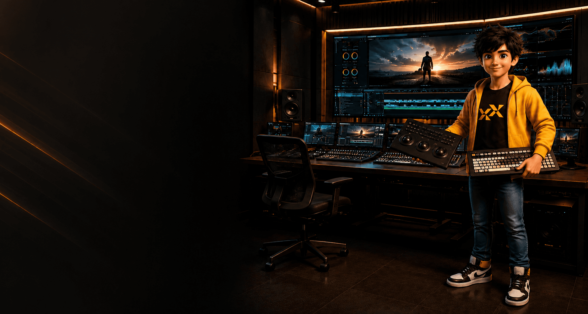 Video editing student with color grading panel in a professional studio for Graphic Designing & Video Editing