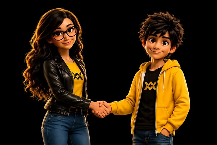 Frameboxx characters shaking hands in partnership