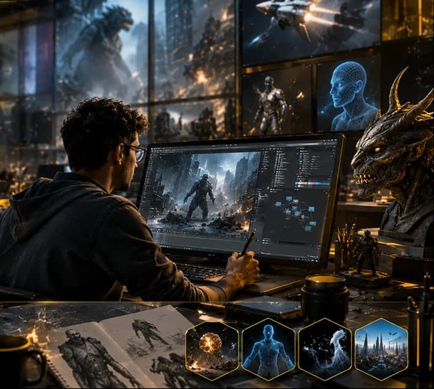 VFX artist working at a multi-monitor production desk