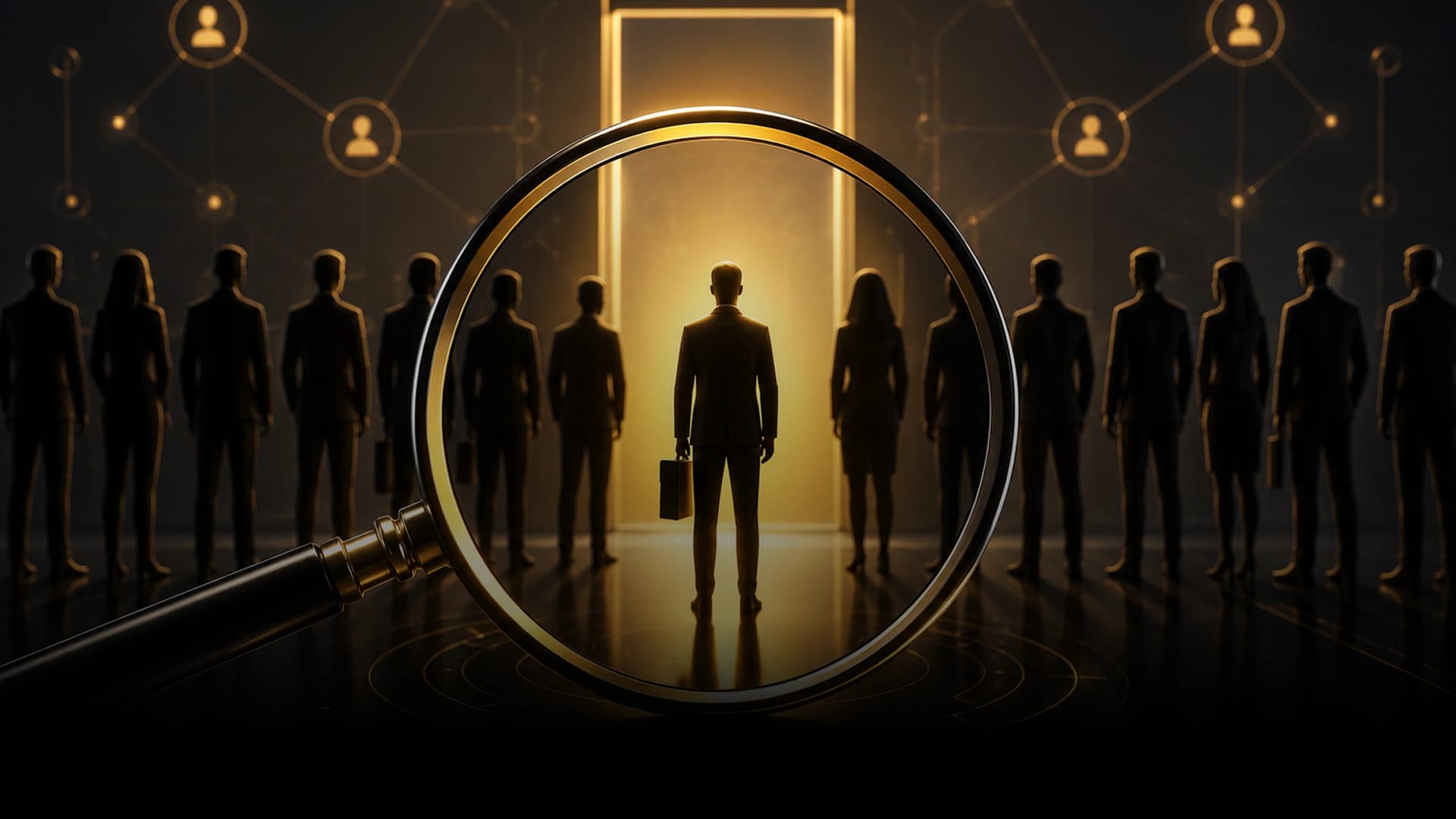 Creative talent silhouettes under a magnifying glass spotlight