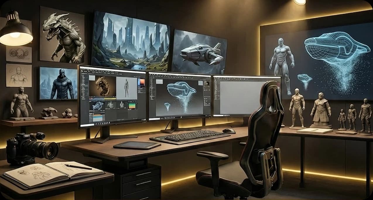 Creative production studio workstation with multi-monitor VFX setup
