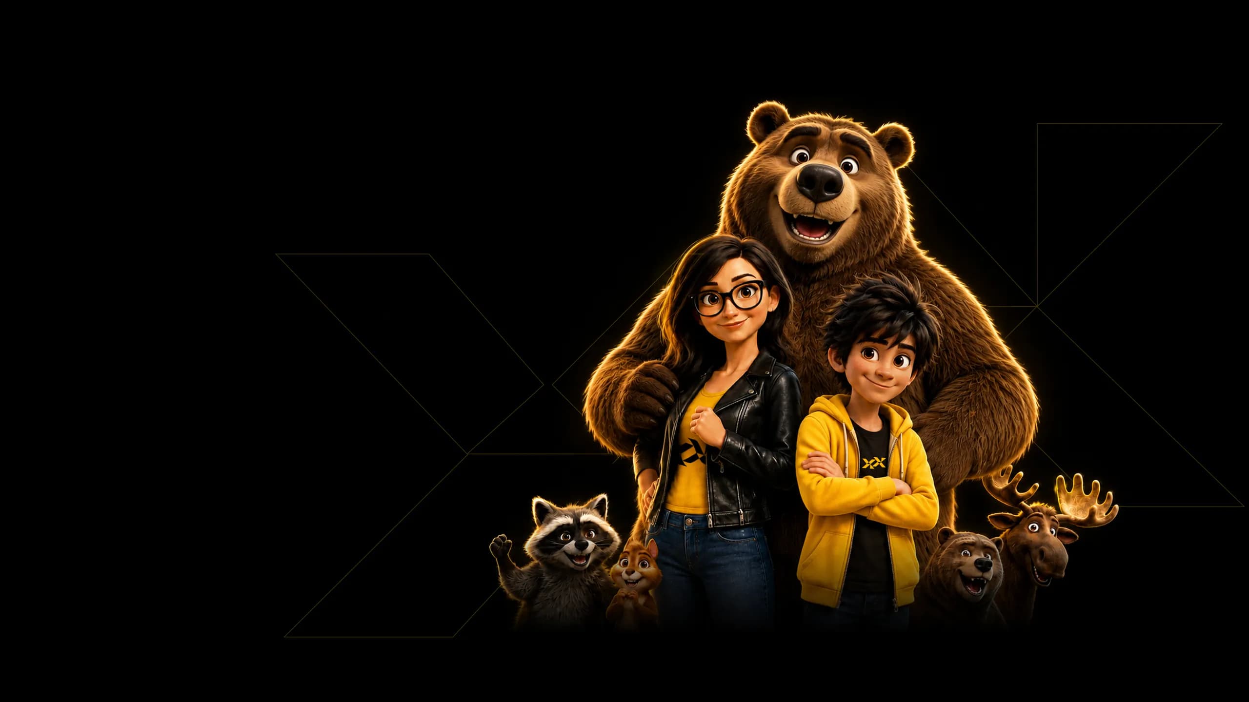 Frameboxx 3D characters — bear, students, and companion animals