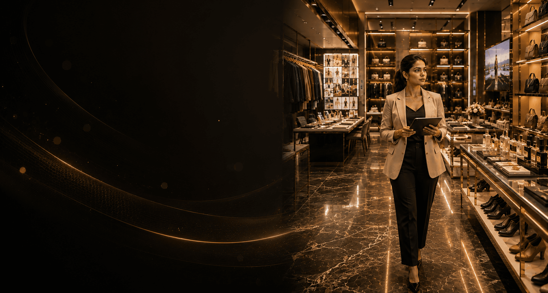 Fashion merchandiser with tablet in a luxury retail boutique