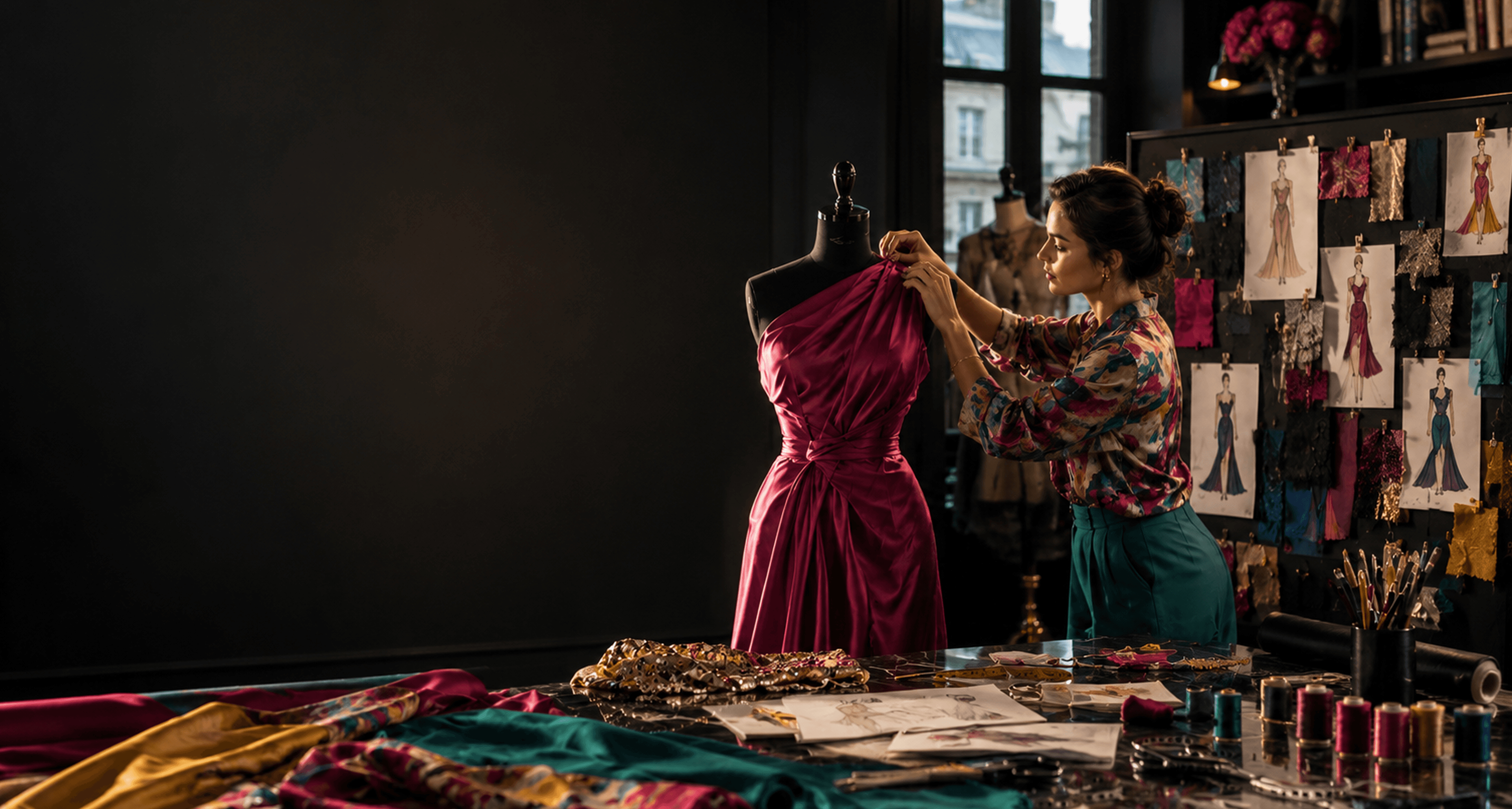 Fashion designer draping a magenta gown for Master Program In Fashion Design (MPFD)