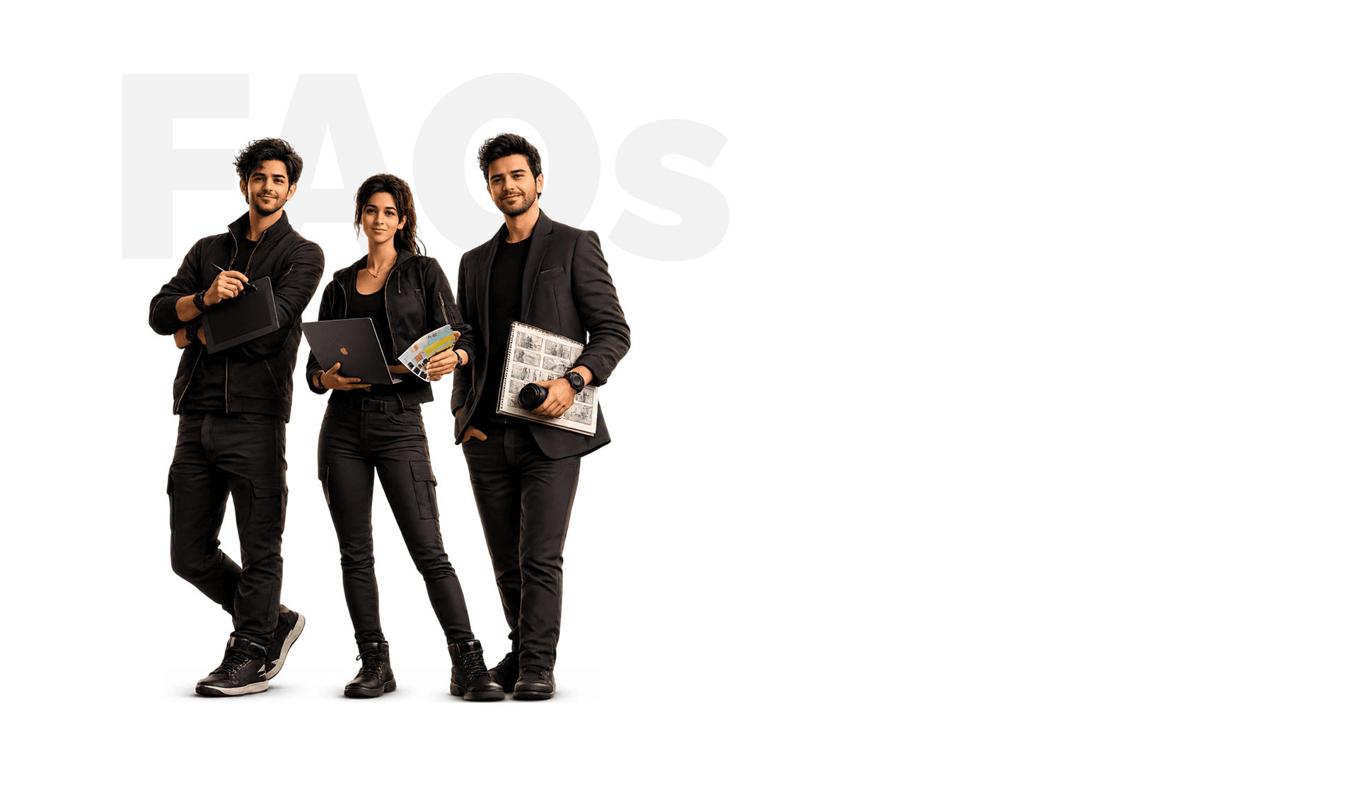 Creative students with tablet, laptop, and camera beside FAQs