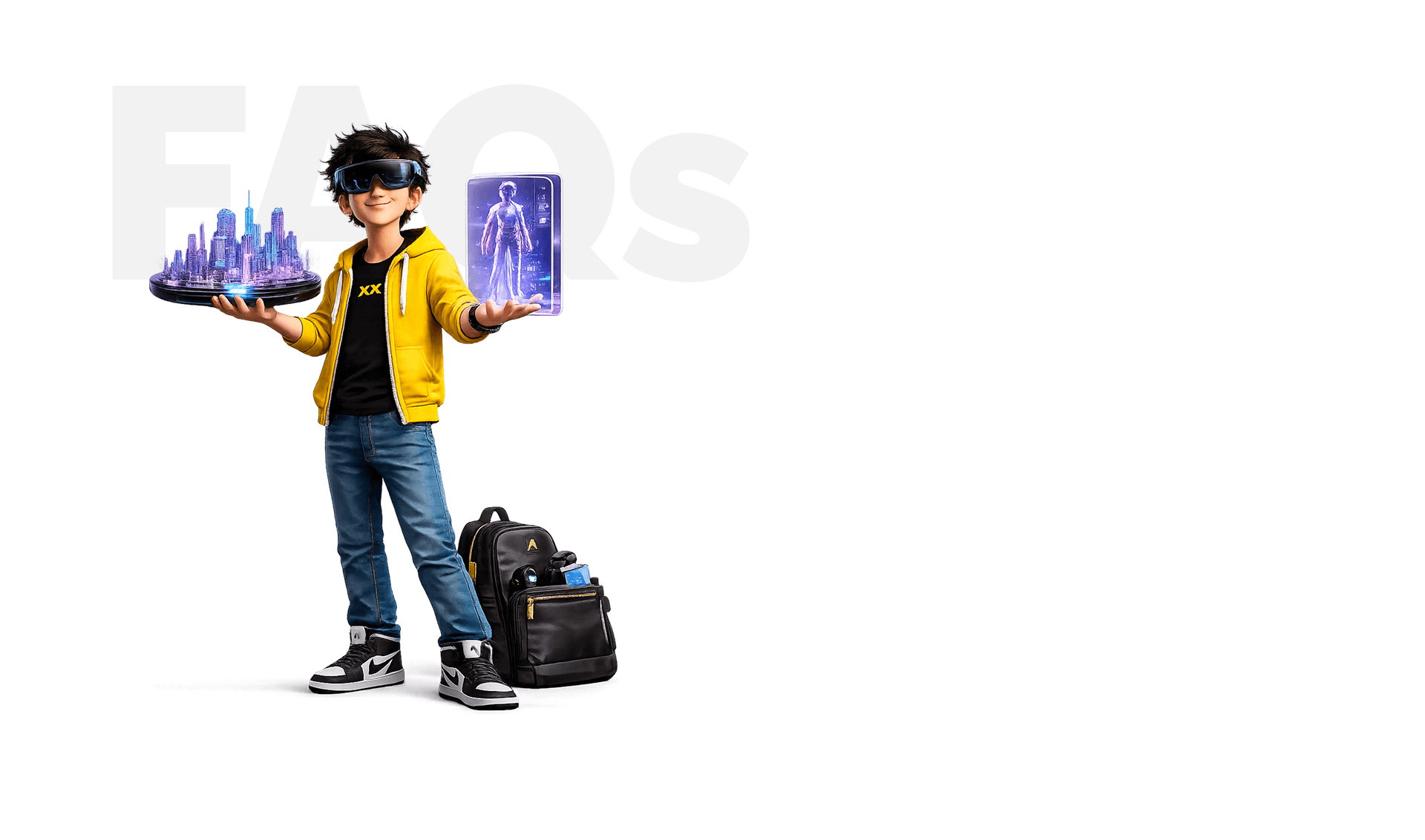 Student beside FAQs for Future Technologies Metaverse