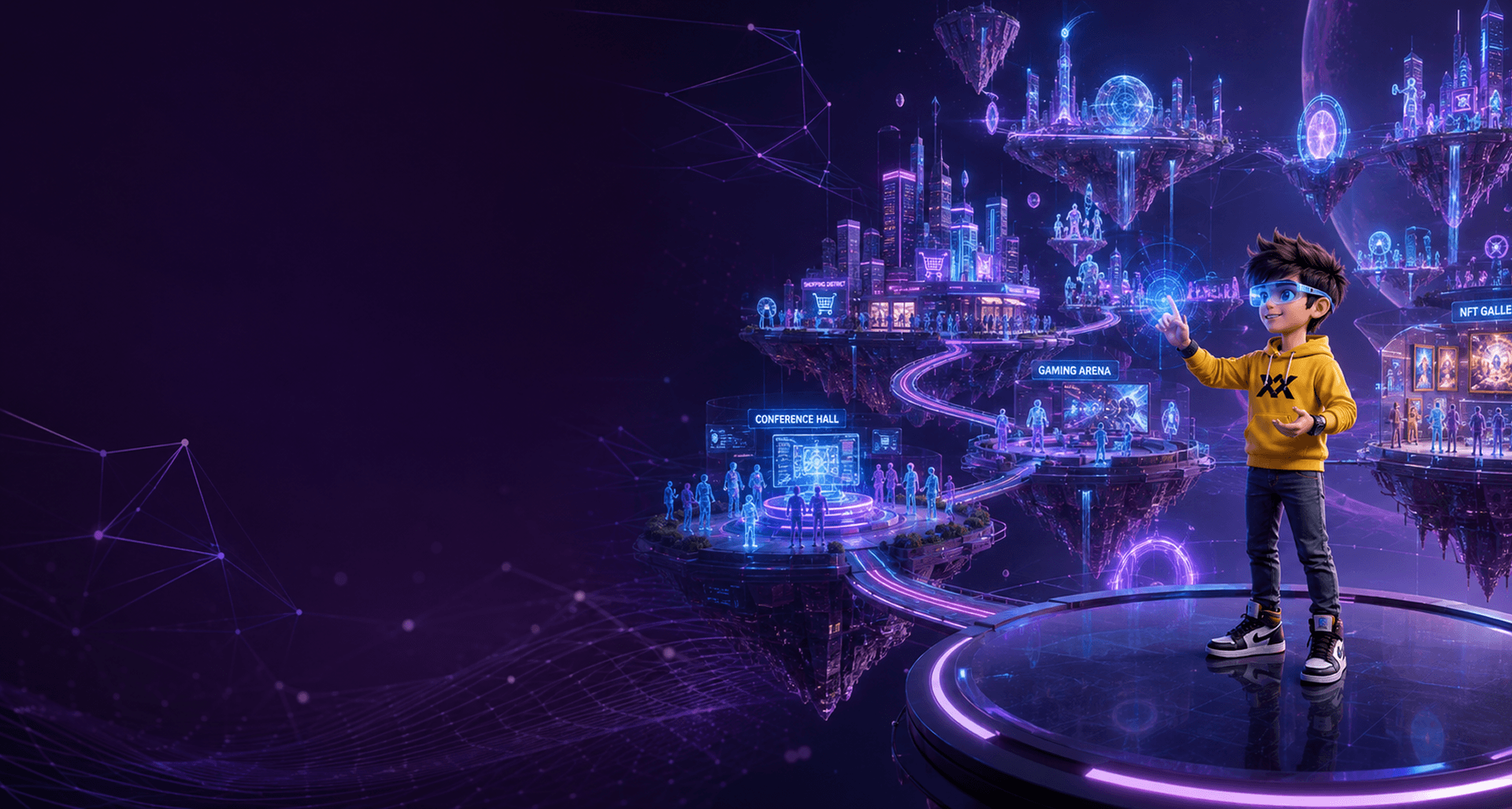 Student with AR goggles in a futuristic Metaverse city for Future Technologies Metaverse
