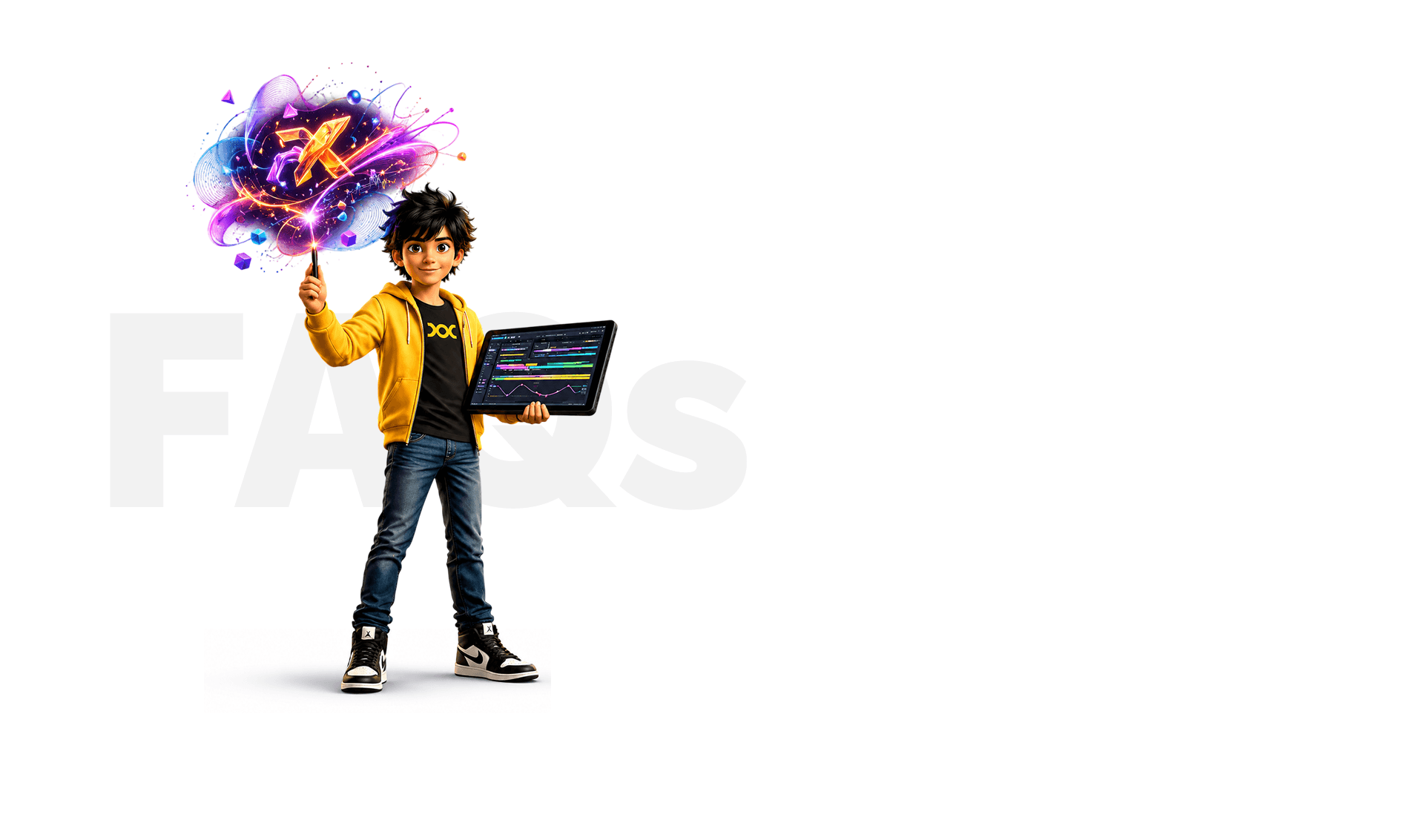 Student beside FAQs for MPMG Motion Graphics