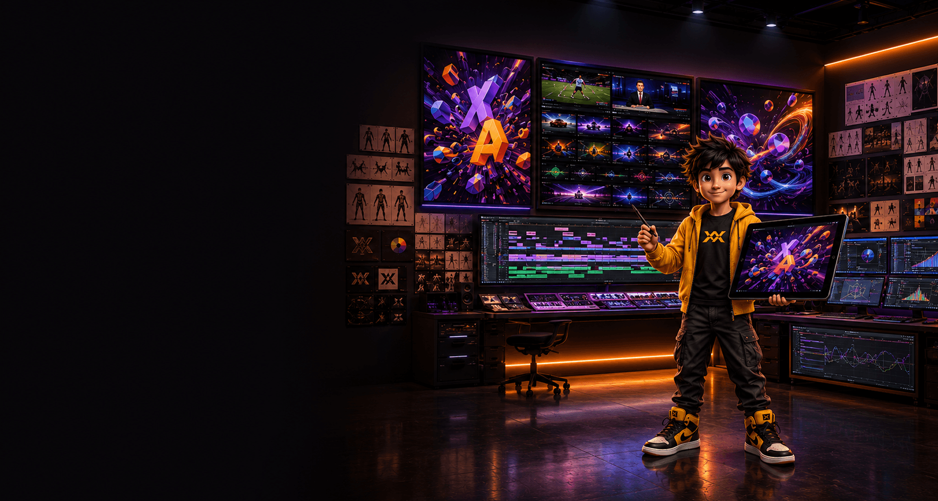 Student with tablet creating motion graphics in a multi-monitor studio