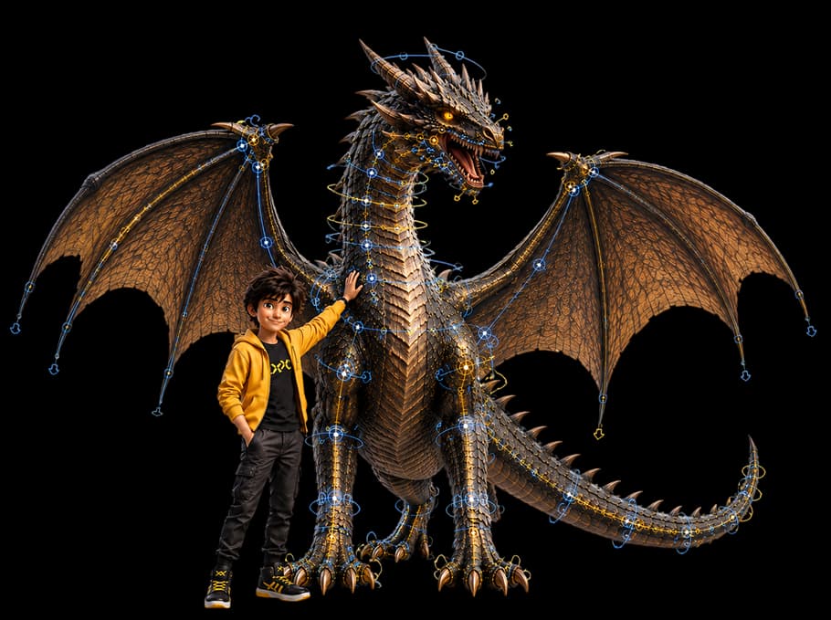 Student with a production-ready dragon rig for MPAV: Rigging & Animation course overview