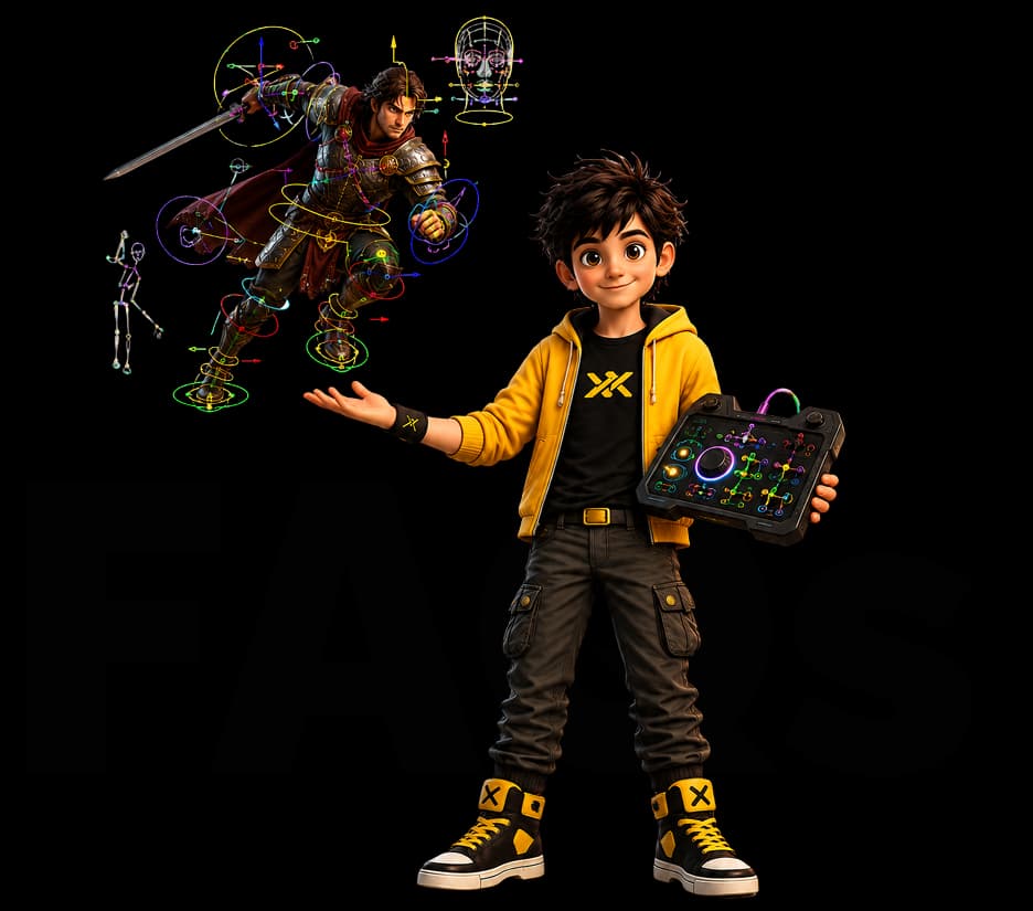 Student presenting a rigged warrior character beside FAQs for MPAV: Rigging & Animation