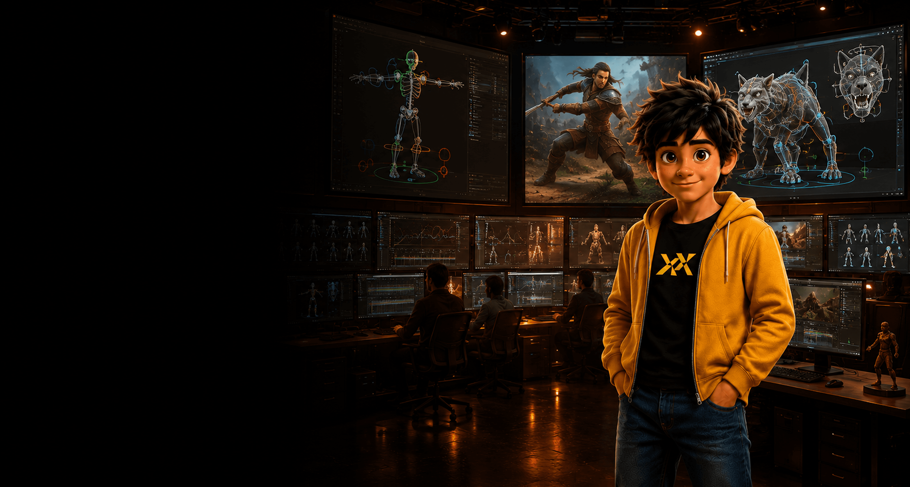 Student in animation studio with character and creature rigs for MPAV: Rigging & Animation