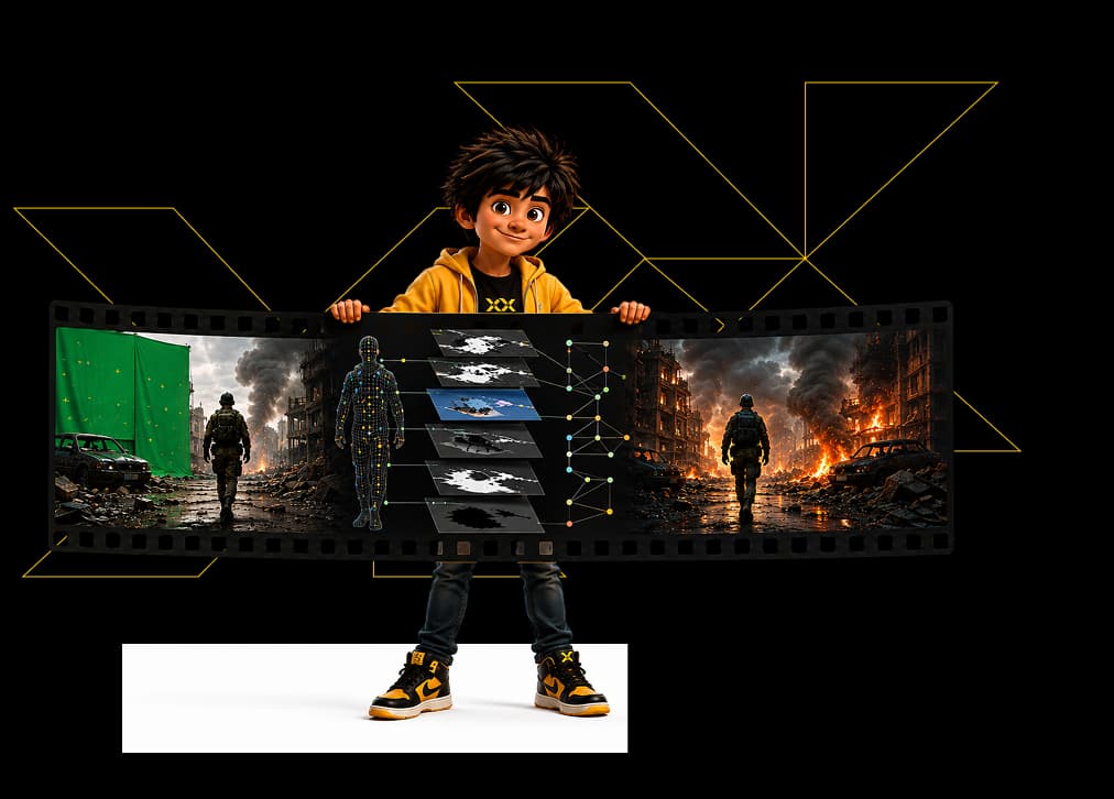 Student presenting a VFX film-strip pipeline for Roto, Paint, Matchmove & Compositing
