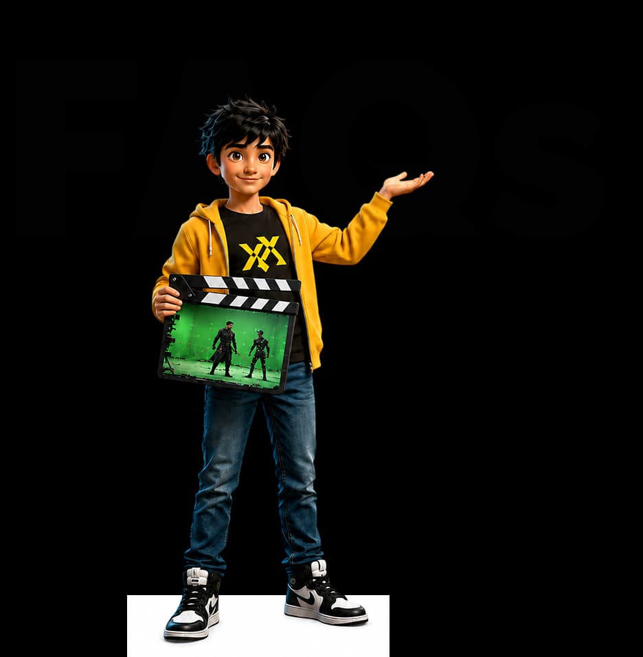 Student with clapperboard beside FAQs for MPAV: Roto, Paint, Matchmove & Compositing