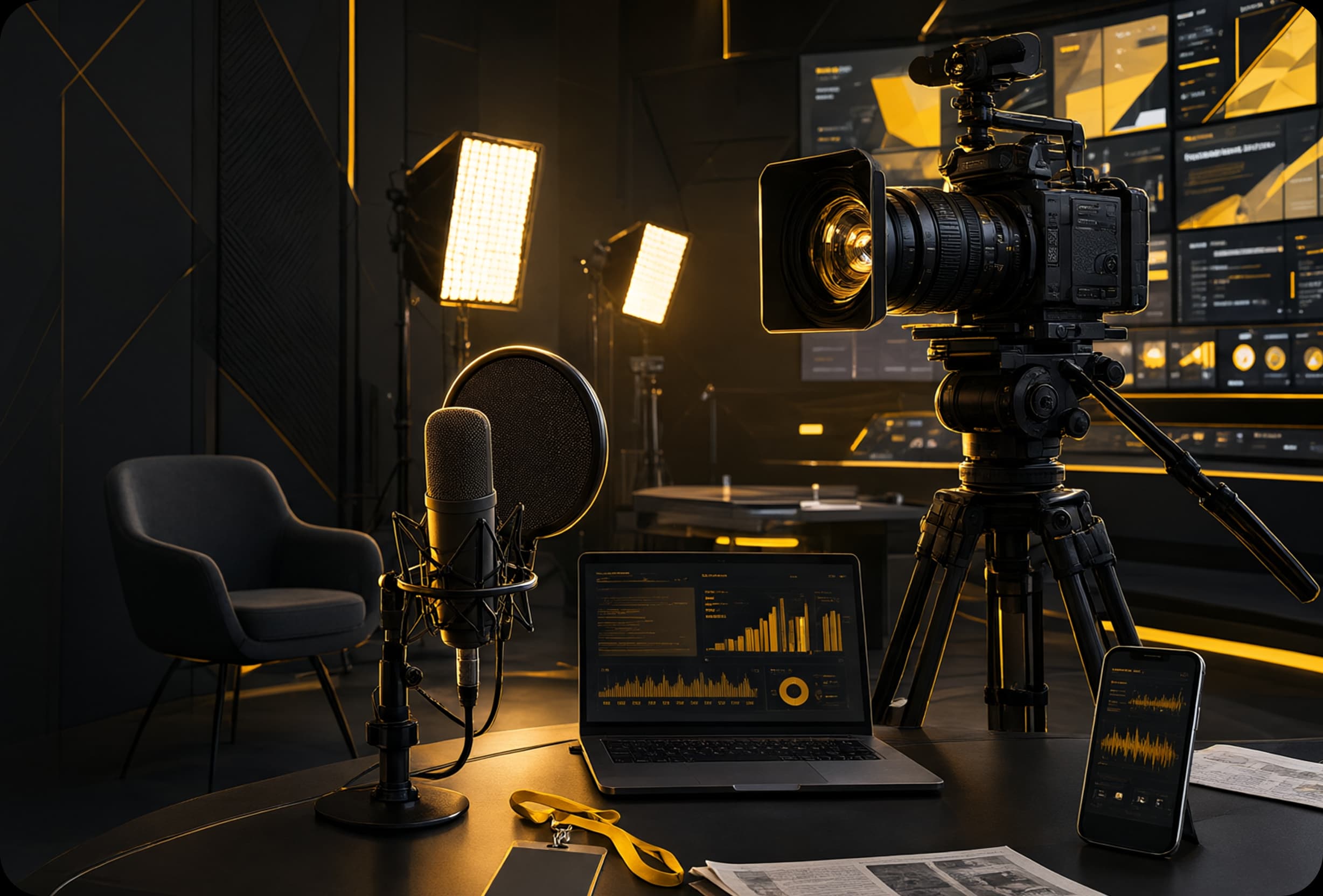 FrameBoxx media studio with camera, microphone, and monitors