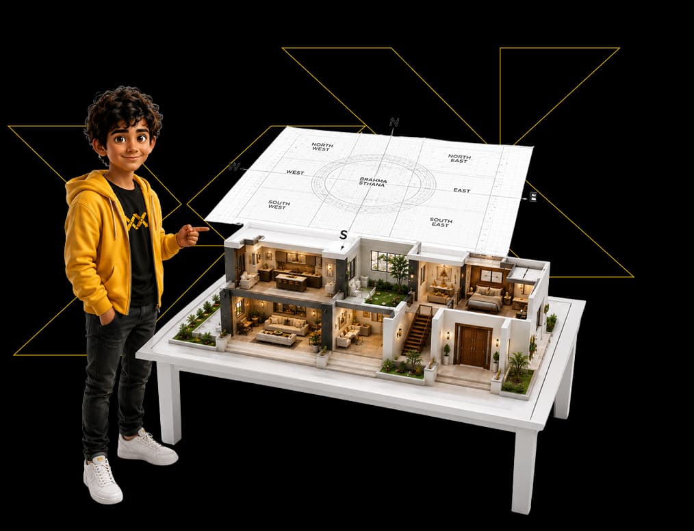 Student with Vastu-aligned house model for SPVS course overview