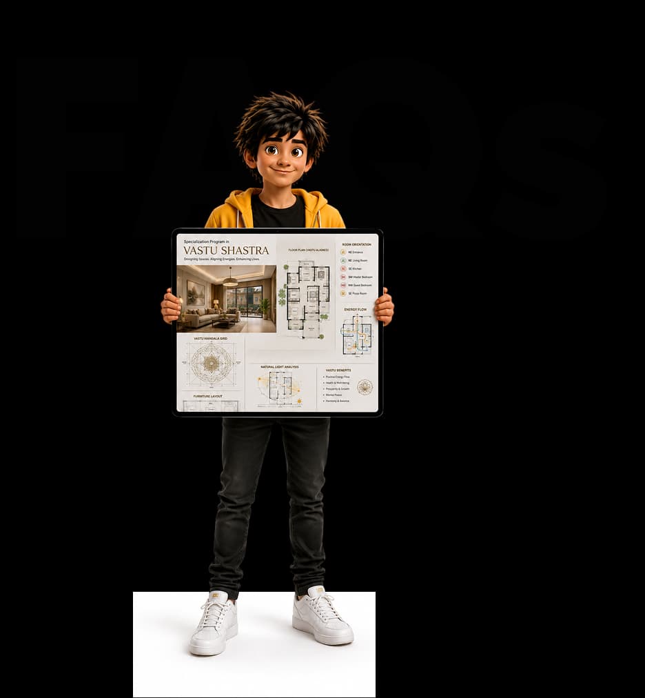 Student beside FAQs for Specialization Program in Vastu Shastra (SPVS)