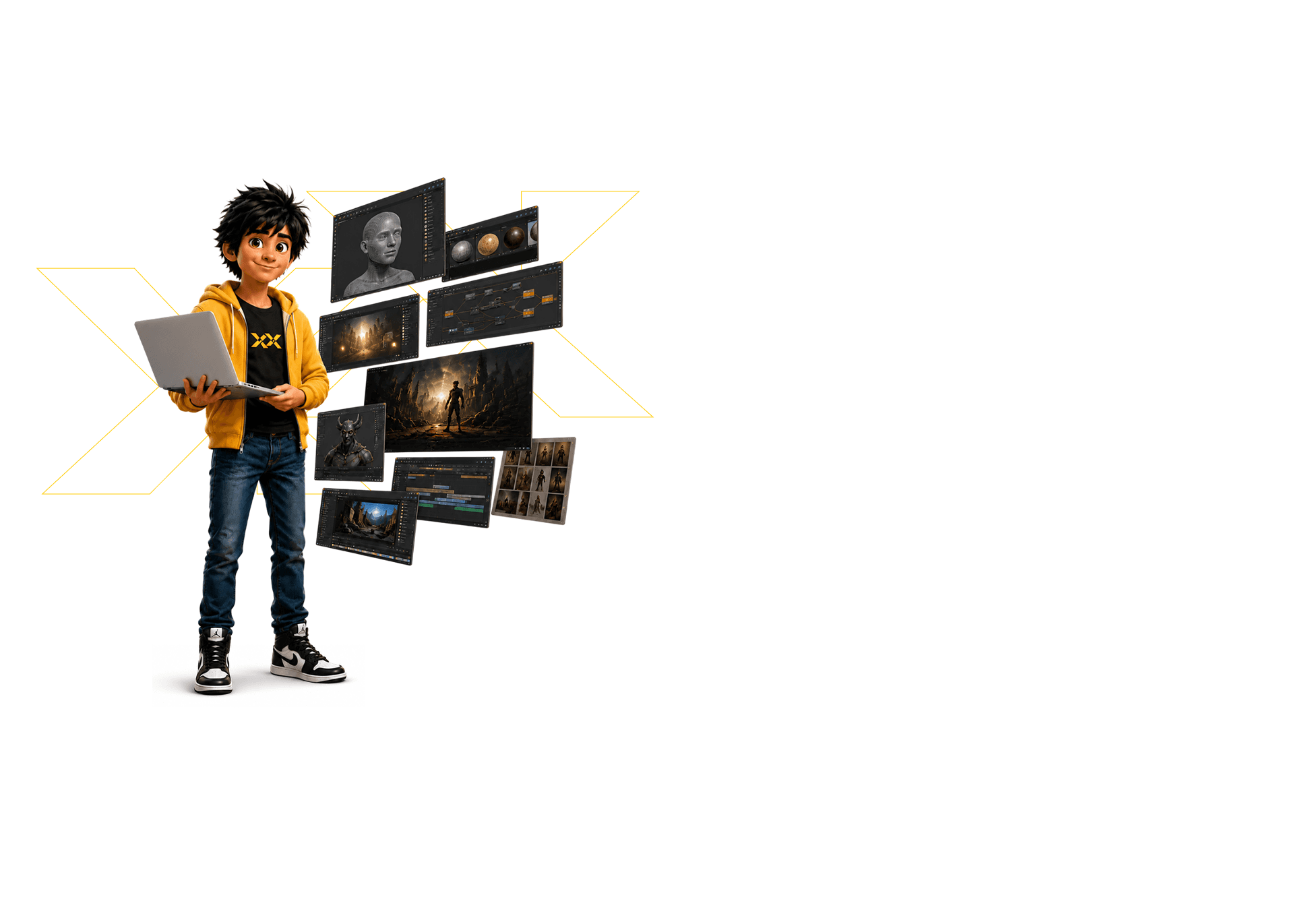 Frameboxx student with laptop surrounded by 3D and VFX software interfaces