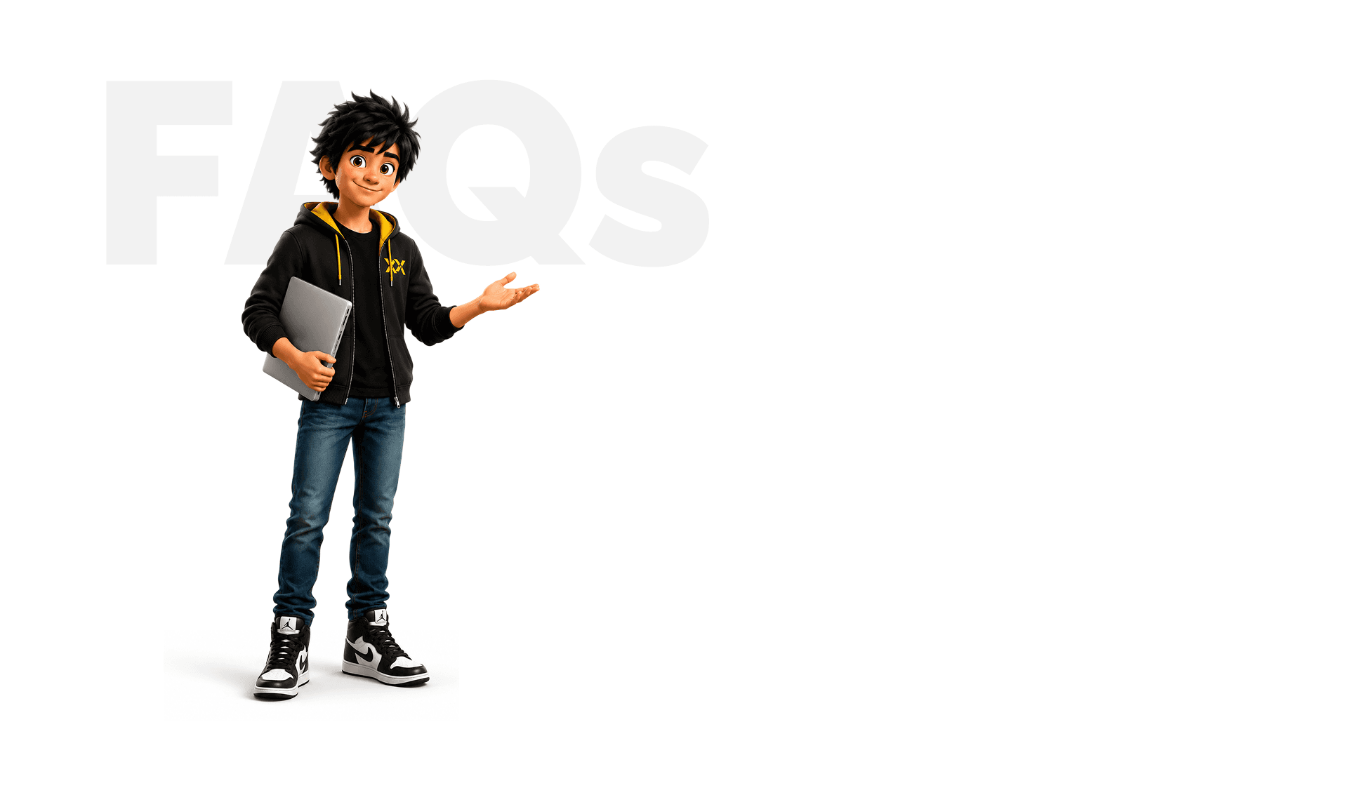 Frameboxx student with laptop beside FAQs for Specialization Program in 3D / VFX