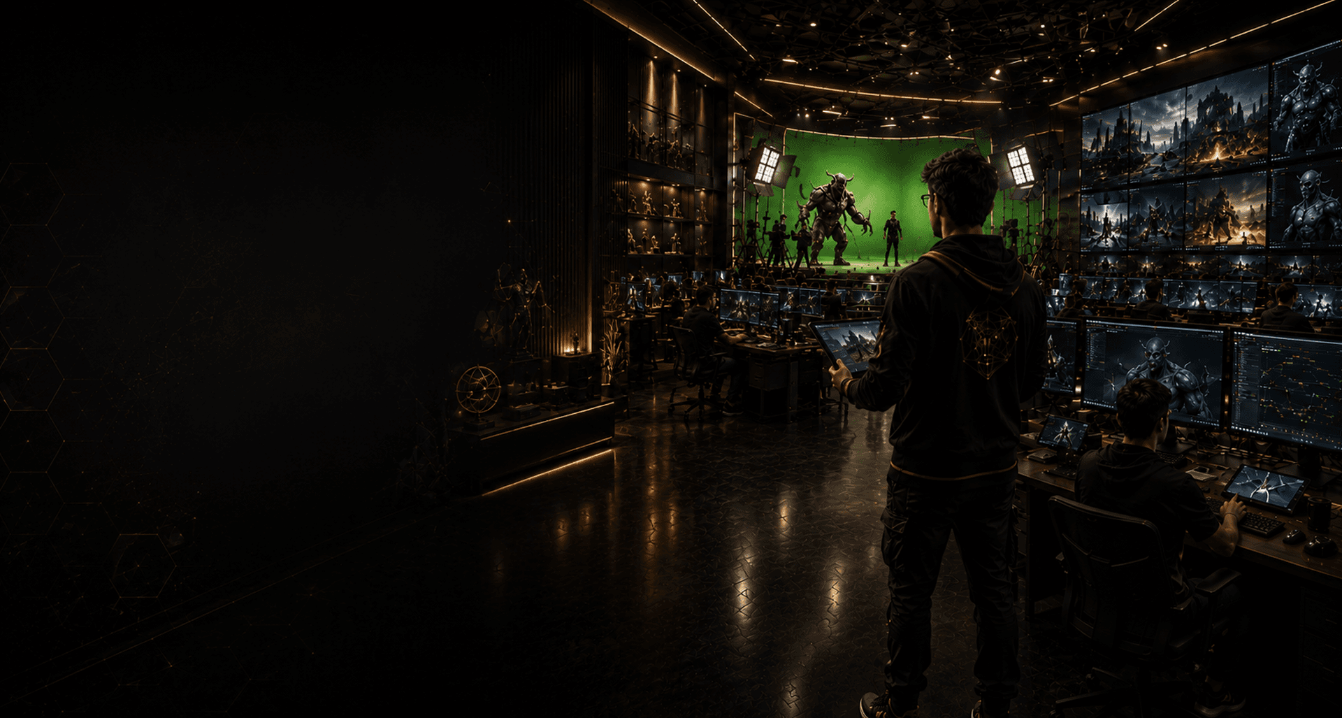 3D and VFX artists working in a Frameboxx studio with green screen and production monitors
