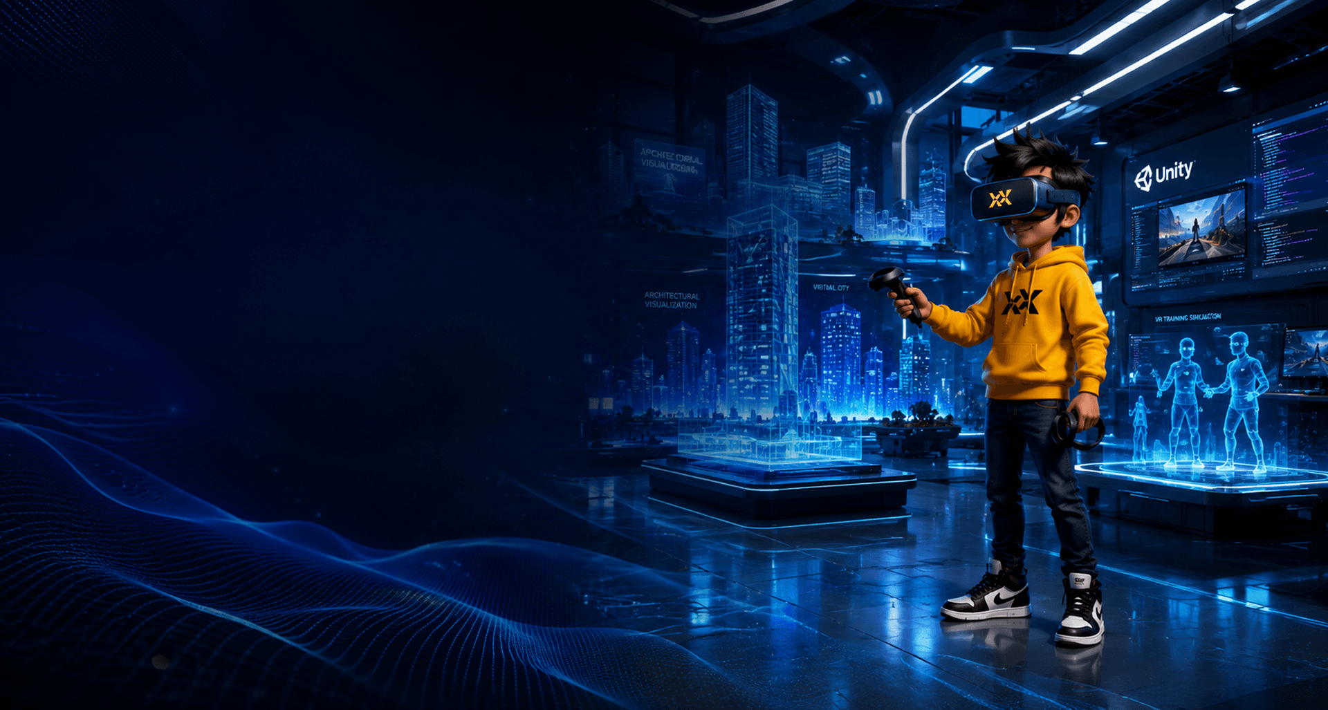 Student with VR headset in a futuristic Unity lab for Future Technologies Virtual Reality