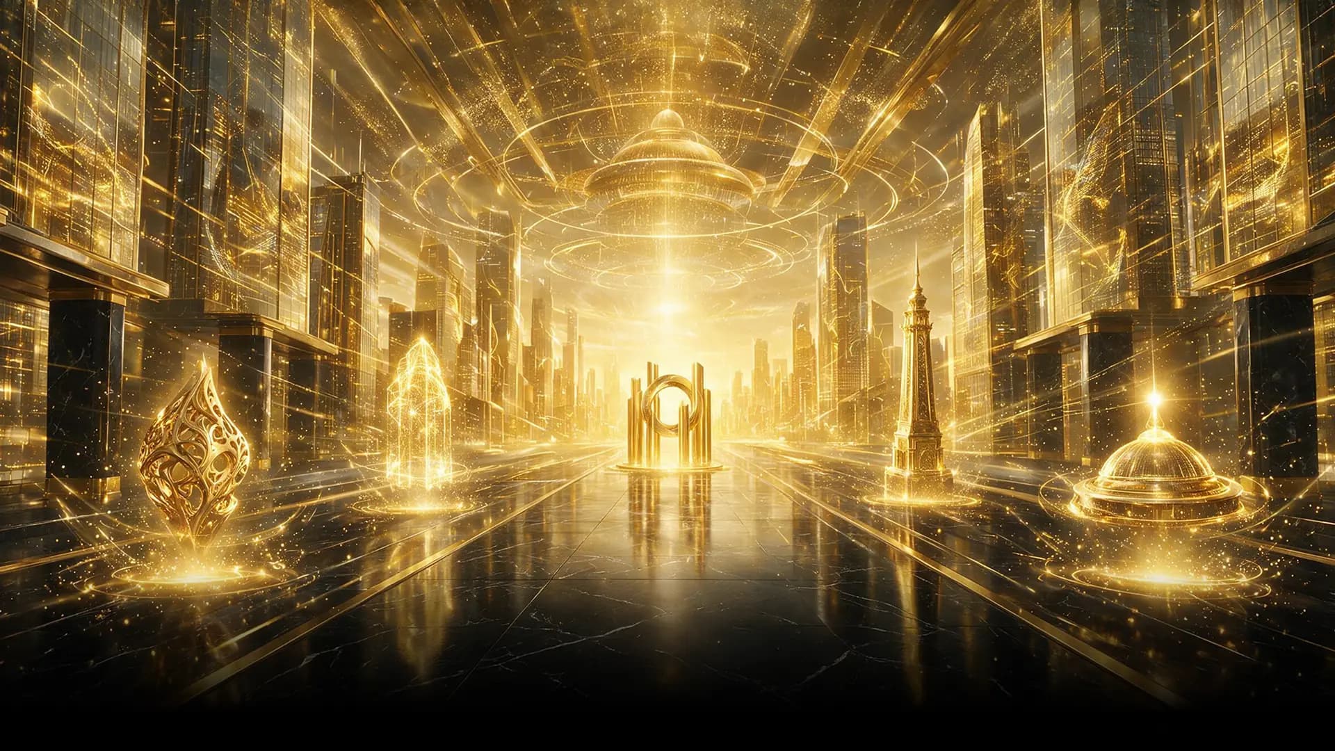 Futuristic Frameboxx corridor with golden light paths