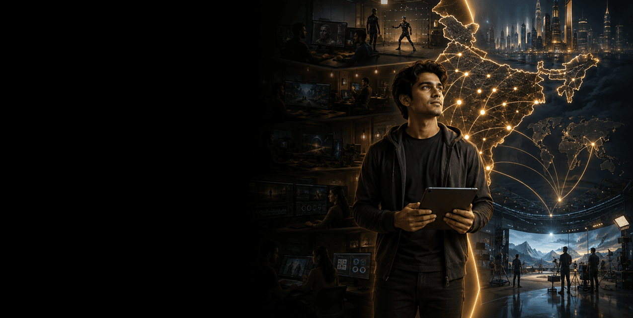 Student with tablet before a glowing map of India and global creative network