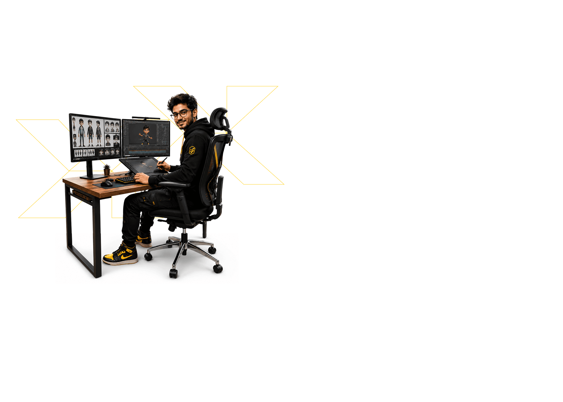 Animation artist at a dual-monitor workstation for B.Sc. 3D Animation & VFX with Green Gold