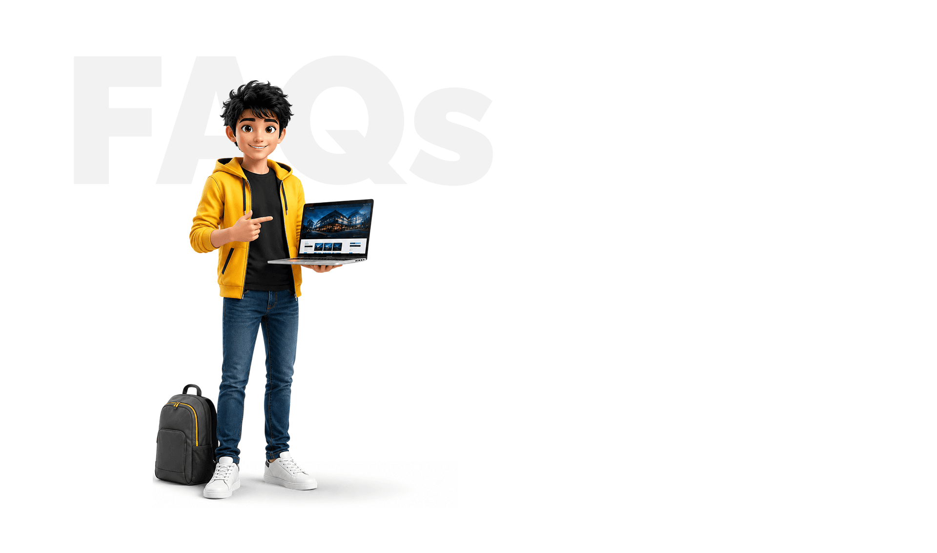 Web development student with laptop beside FAQs