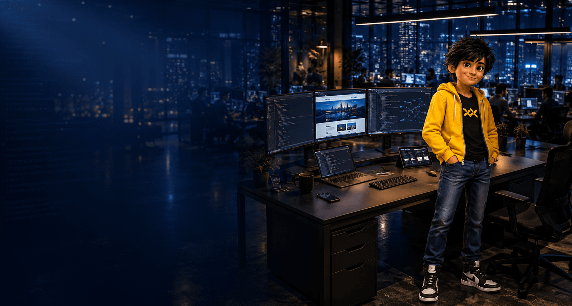 Web development student character in a night studio for Expert Program in Web Development