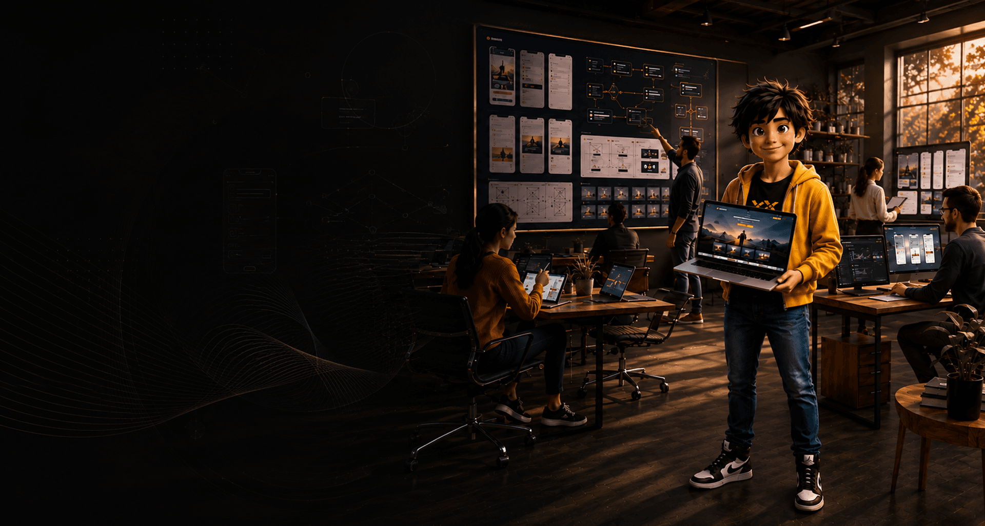 UI/UX design student with laptop in a modern design studio for Expert Program in Web & UI / UX Design