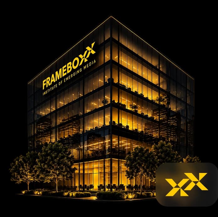 Frameboxx campus building illuminated at night