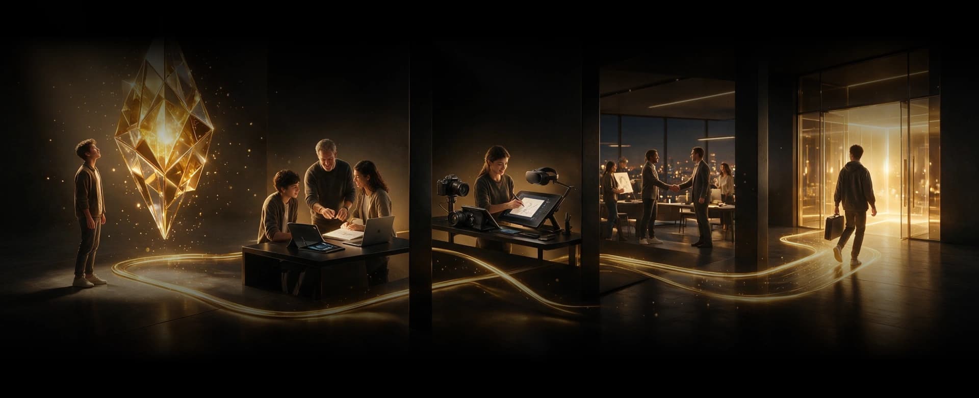Creative professionals collaborating in a futuristic Frameboxx studio